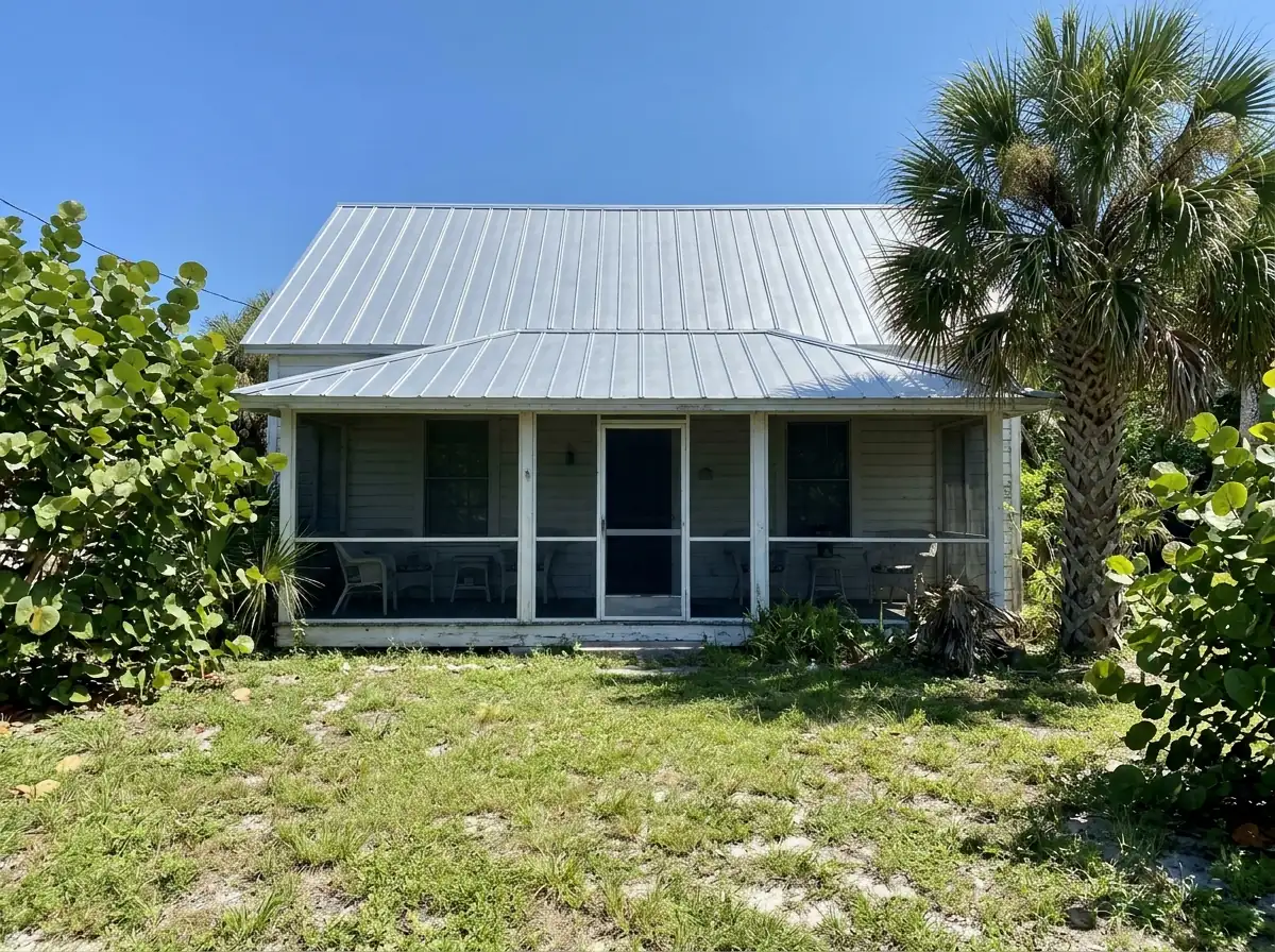 Older Florida cottage with a silver 5V crimp metal roof over a screened porch