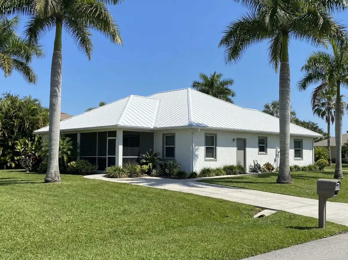 White painted 5V crimp metal roof on a single-story CBS home with a screened lanai