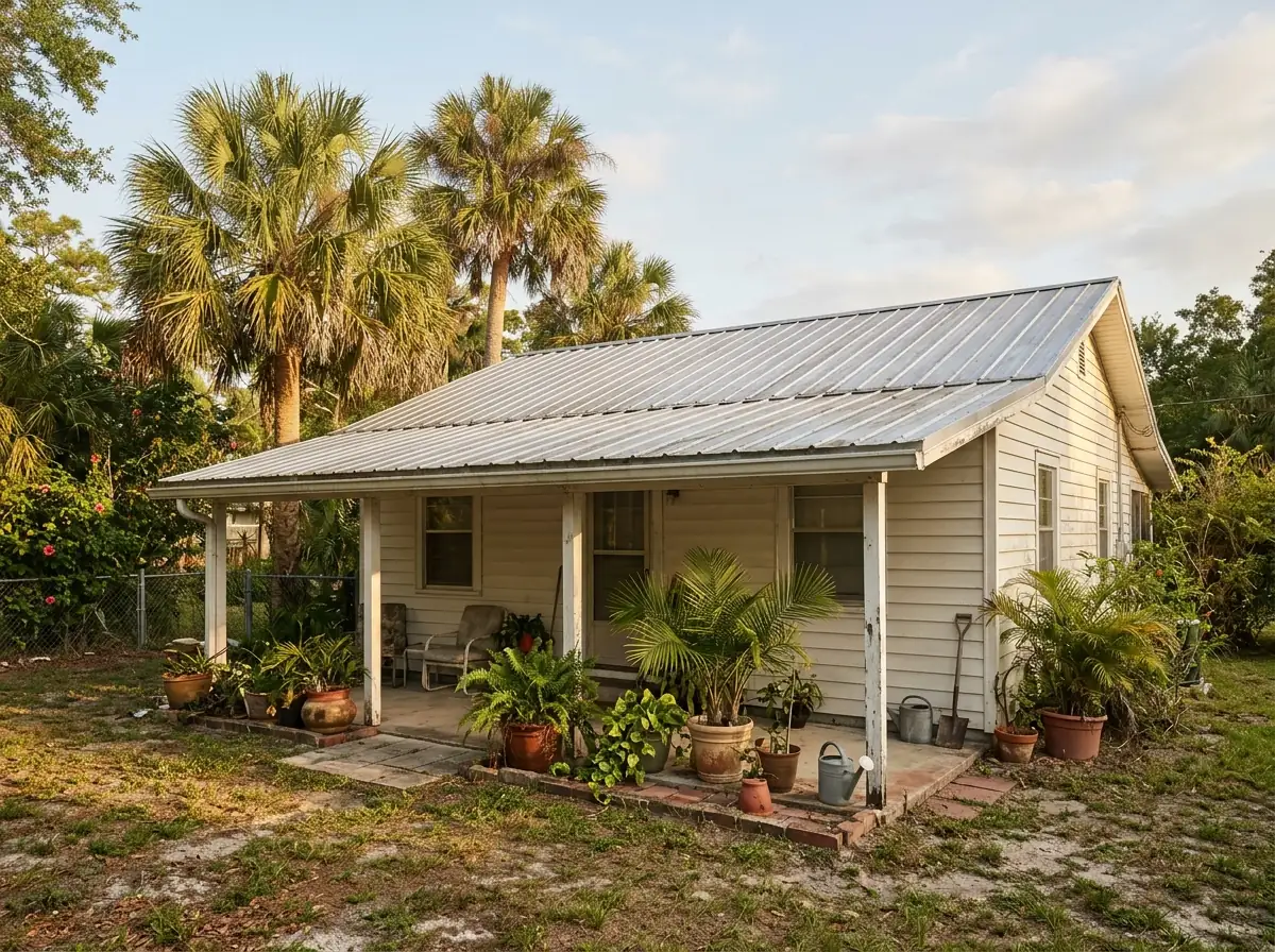 5V crimp metal roof over a back porch attached to an older Florida cottage