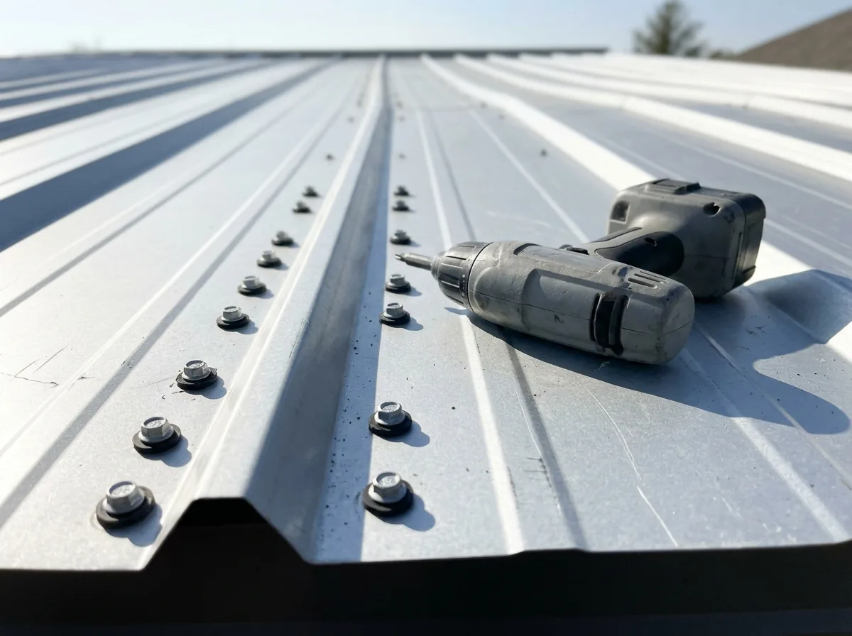 Rows of hex-head screws with rubber washers along the ribs of a 5V crimp roof panel