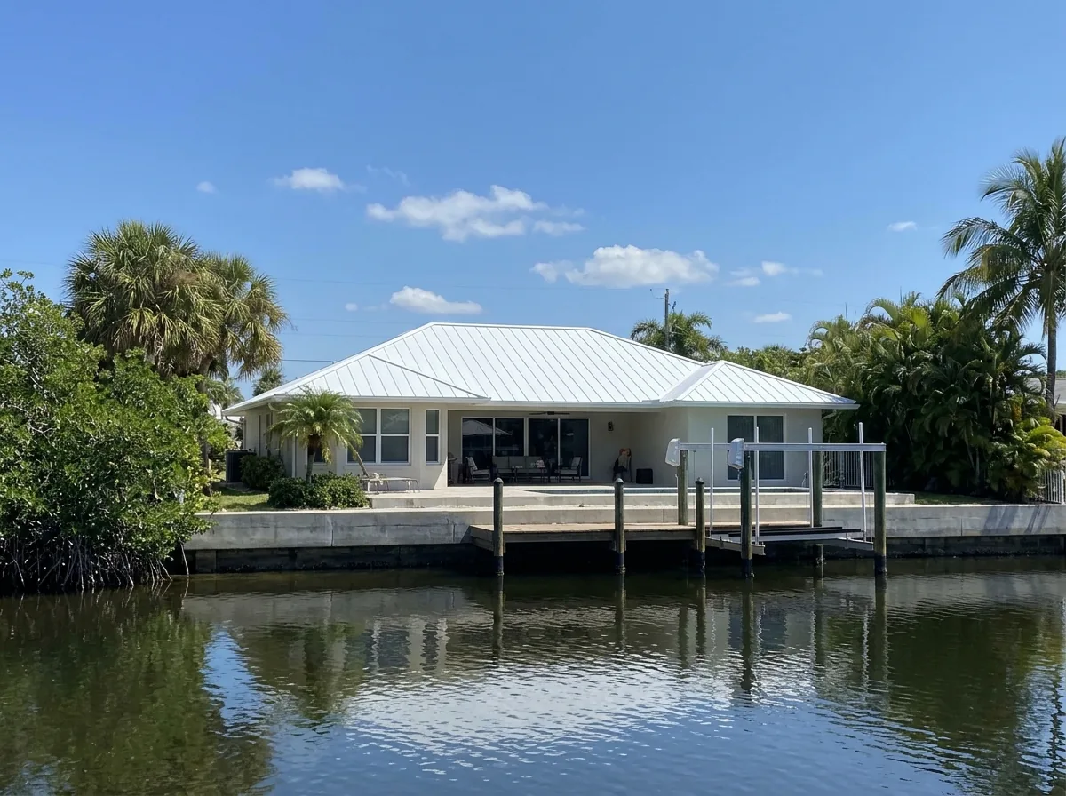 Waterfront home on a canal with a white standing seam aluminum roof