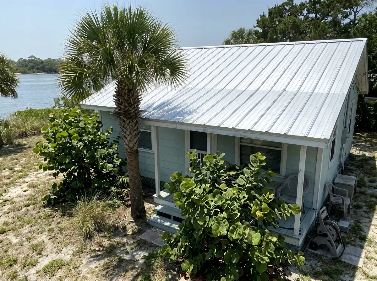 Bright aluminum 5V crimp metal roof with two small V-ribs per panel on a small Florida cottage near the water