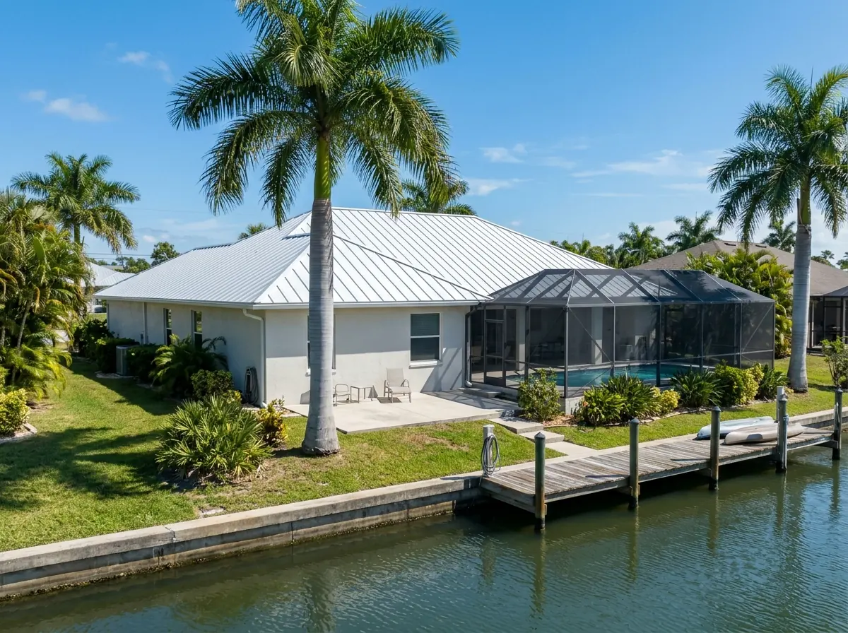 White aluminum standing seam metal roof on a single-story waterfront home with a dock and canal behind it