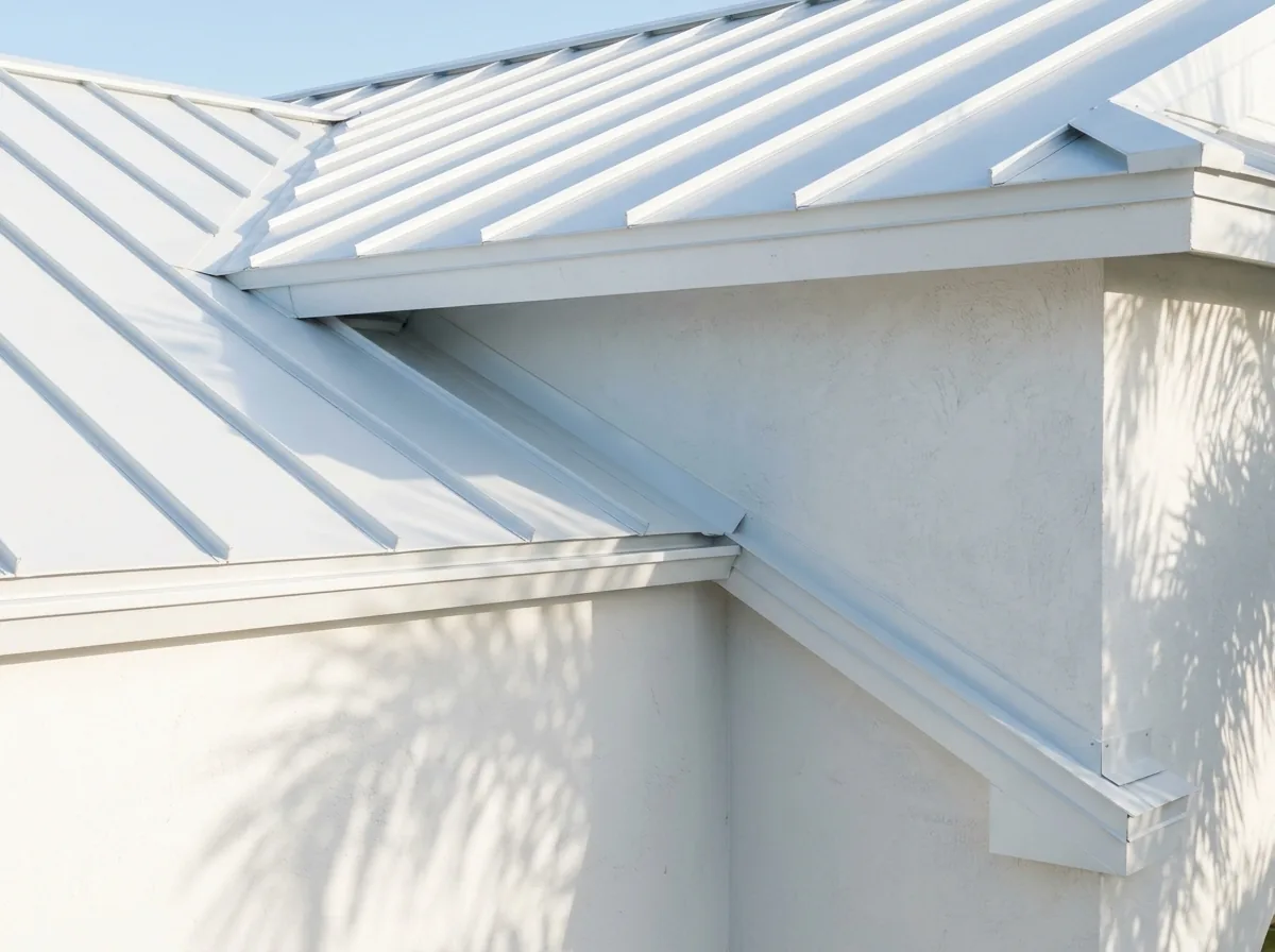 Aluminum roof meeting a stucco wall with matching white aluminum step and counter flashing