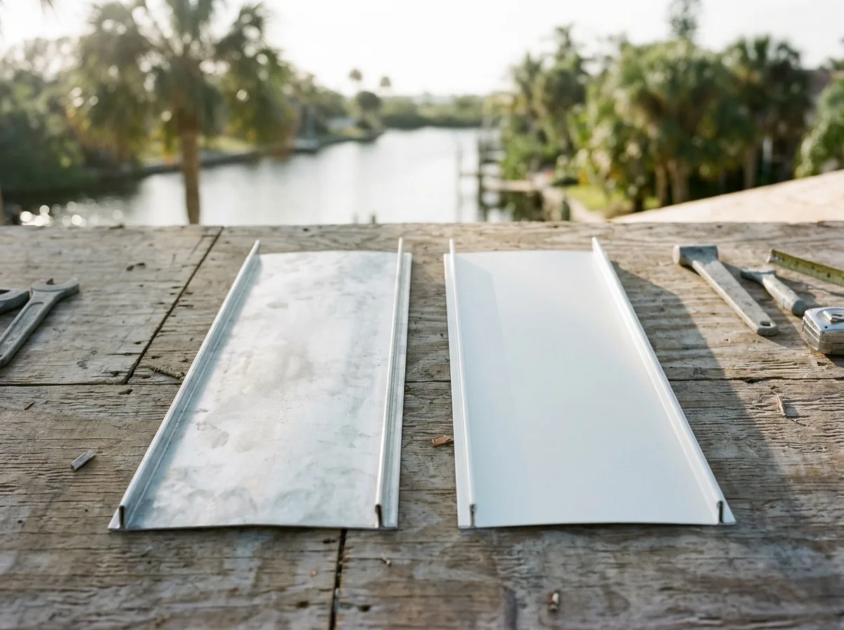 Two aluminum roof panel samples side by side, one bare dull silver mill finish and one white painted finish