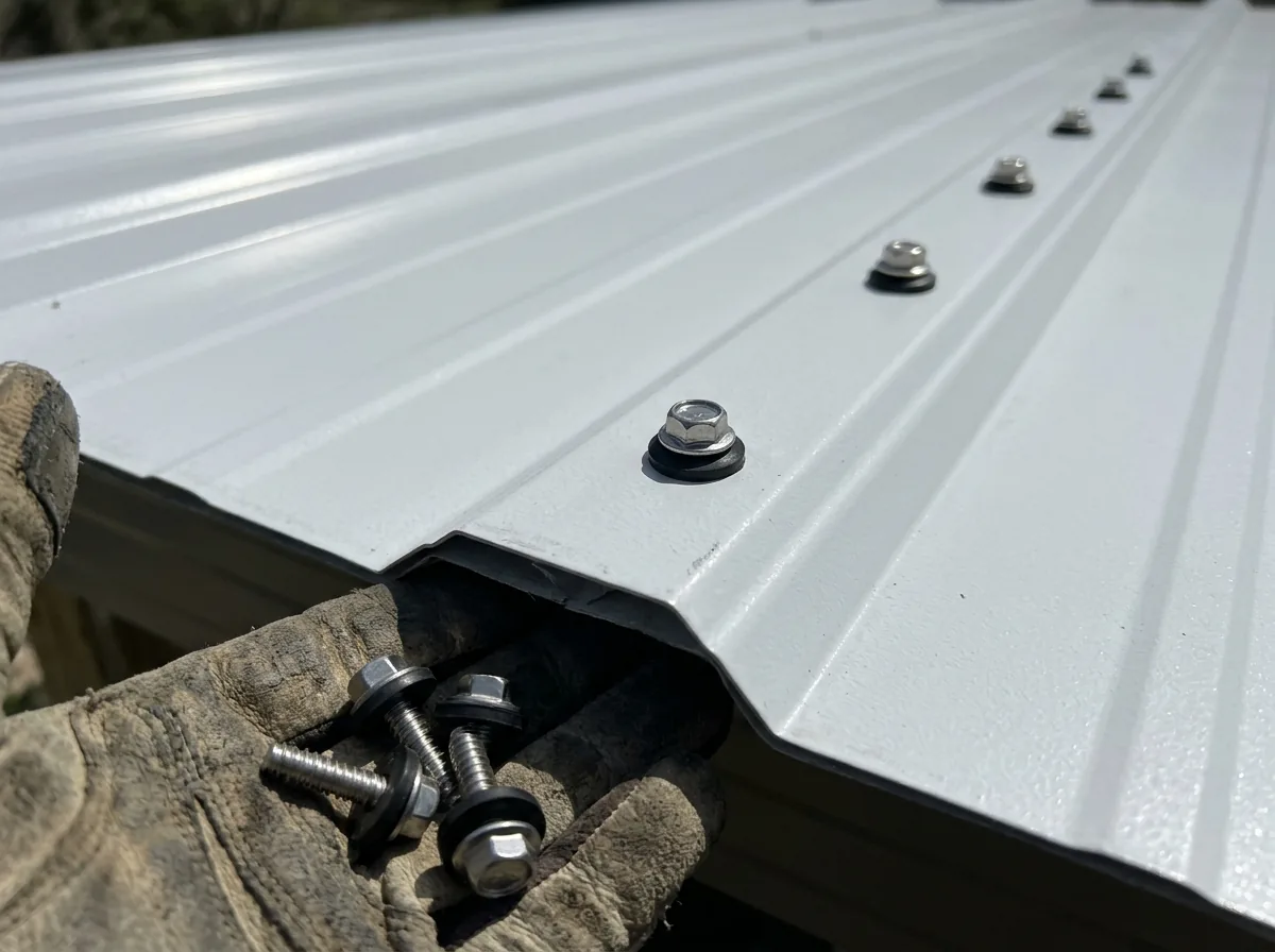 Close view of stainless steel screws with rubber sealing washers set into a white aluminum roof panel