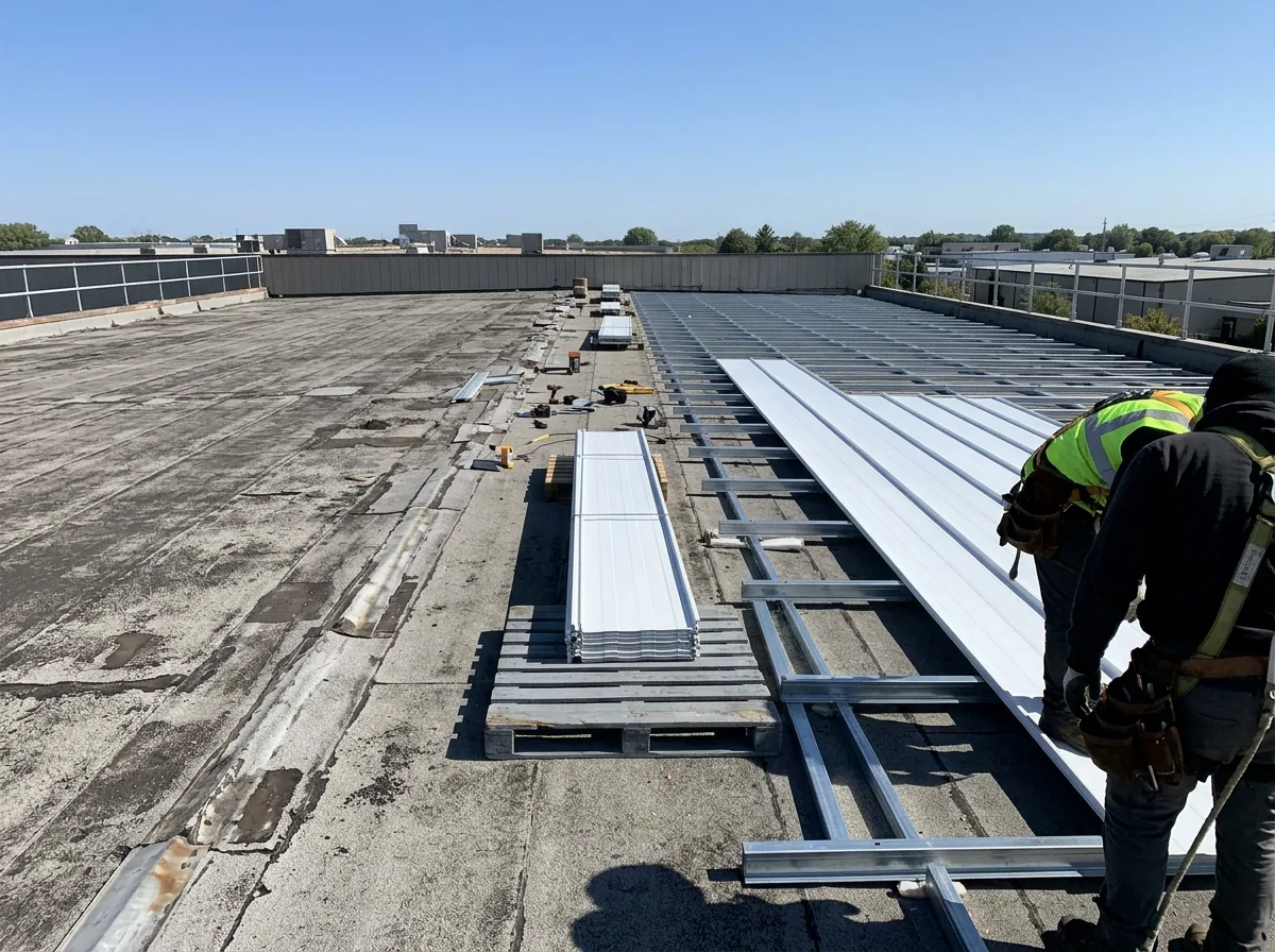 New standing seam metal panels installed on sub-framing over an old flat built-up roof on a commercial building