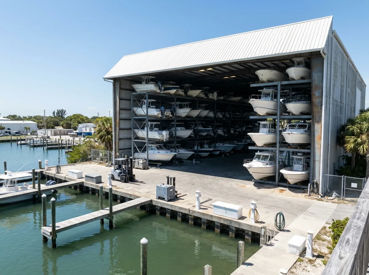 Tall boat storage building beside a marina with a white metal roof and rows of boats on racks