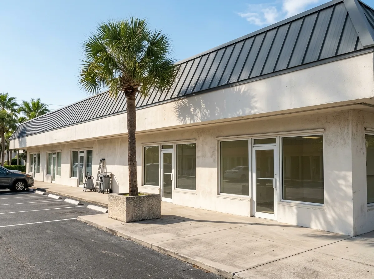 Charcoal standing seam metal mansard over a row of single-story storefronts with a plain blank fascia