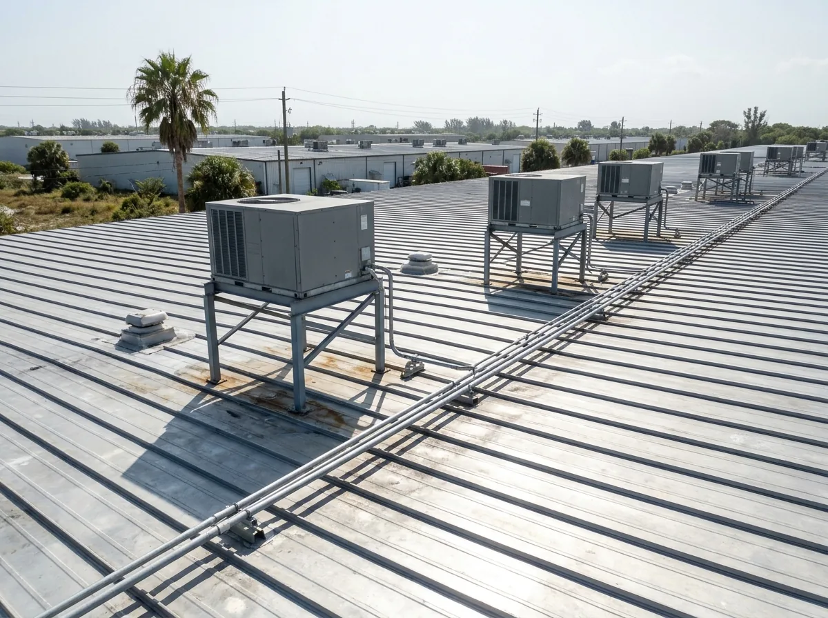 Wide low-slope standing seam metal roof over a light industrial warehouse with rooftop AC units on raised stands