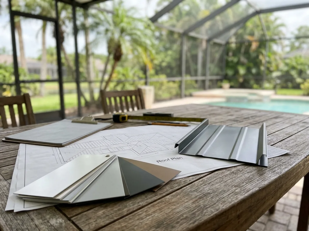 Paper roof plan, metal panel color chips and a plain gray clipboard on a table on a screened lanai