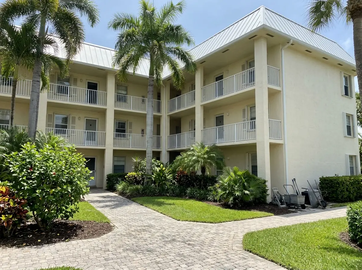 Three-story stucco condominium building with a white standing seam metal hip roof and palms along the walkway