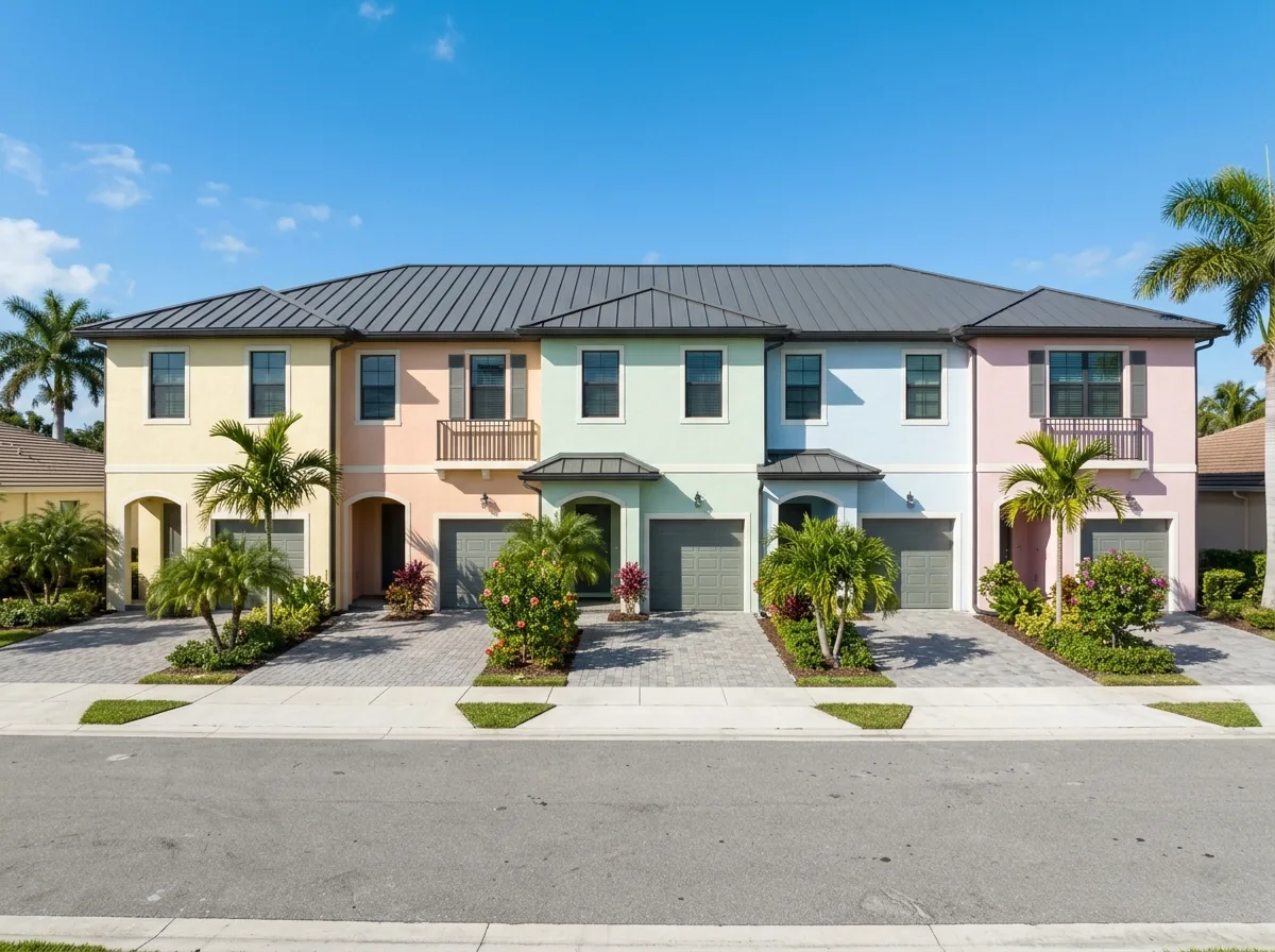 Row of two-story stucco townhouses sharing one continuous charcoal standing seam metal roof with matching trim