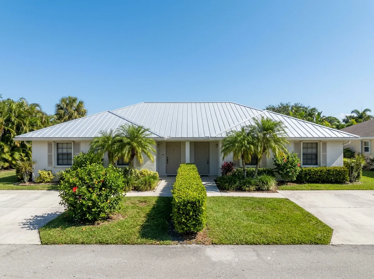 One-story villa duplex with a single silver standing seam metal roof over both units and two separate front entries