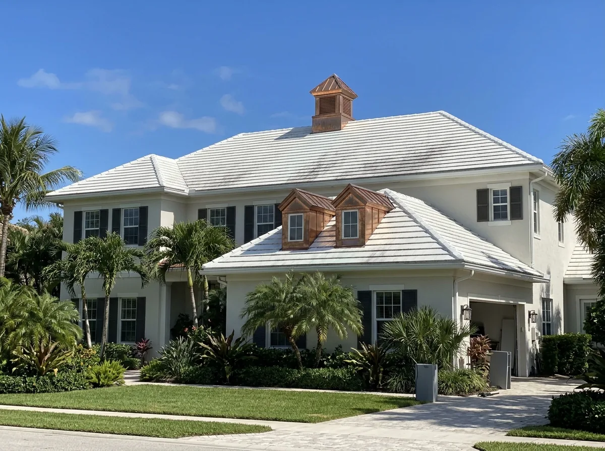 Copper-clad cupola and two small copper dormer roofs on a tile-roofed house