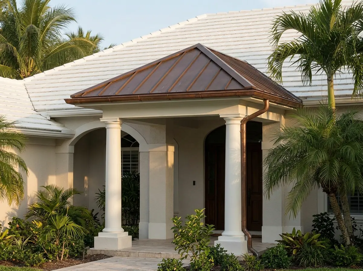 Copper roof over a front entry portico with white columns