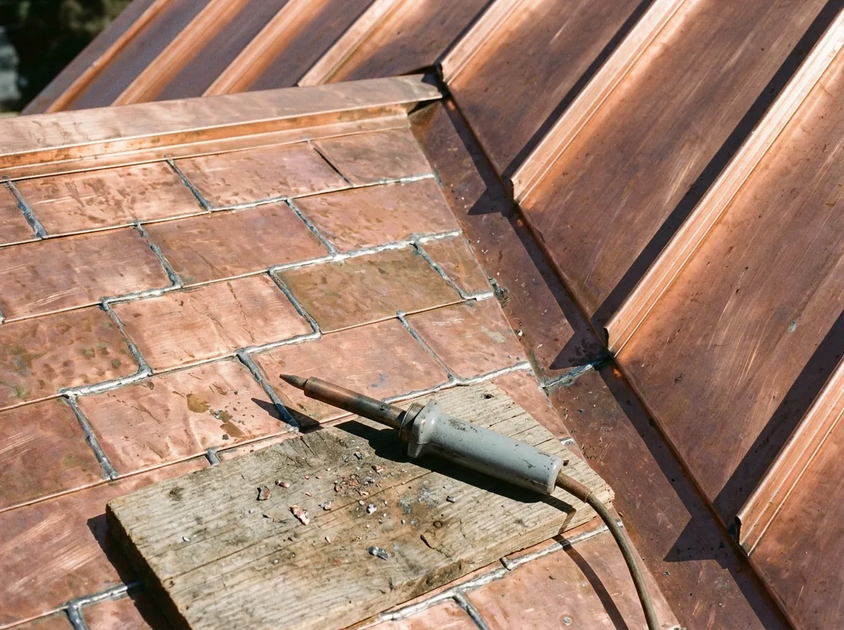 Flat-lock soldered copper panels beside standing seam copper on a small roof