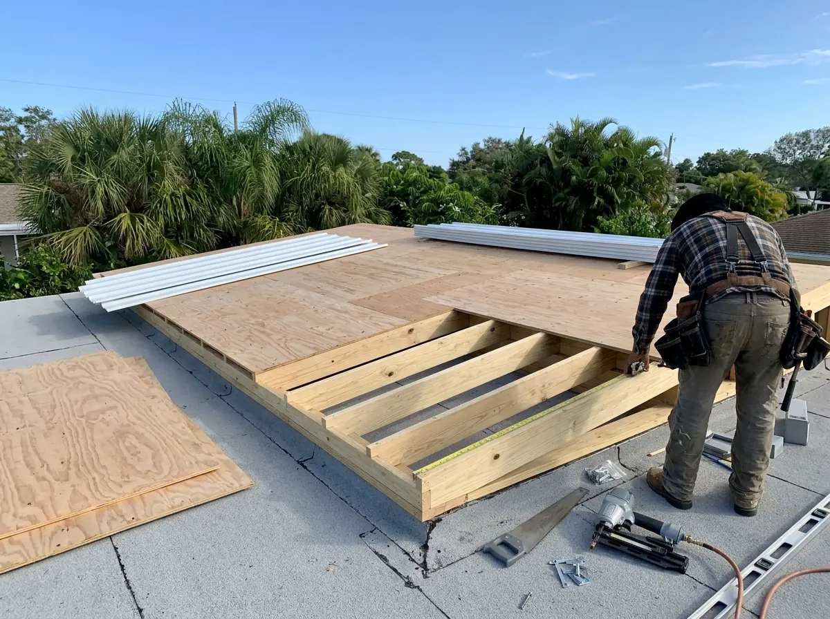 Flat roof section being framed up to a slight pitch before metal roof panels are installed