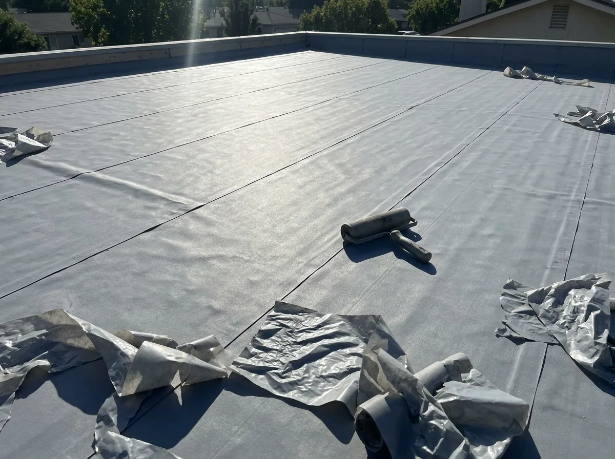 Self-adhered underlayment covering an entire low-slope roof deck before metal panels go on