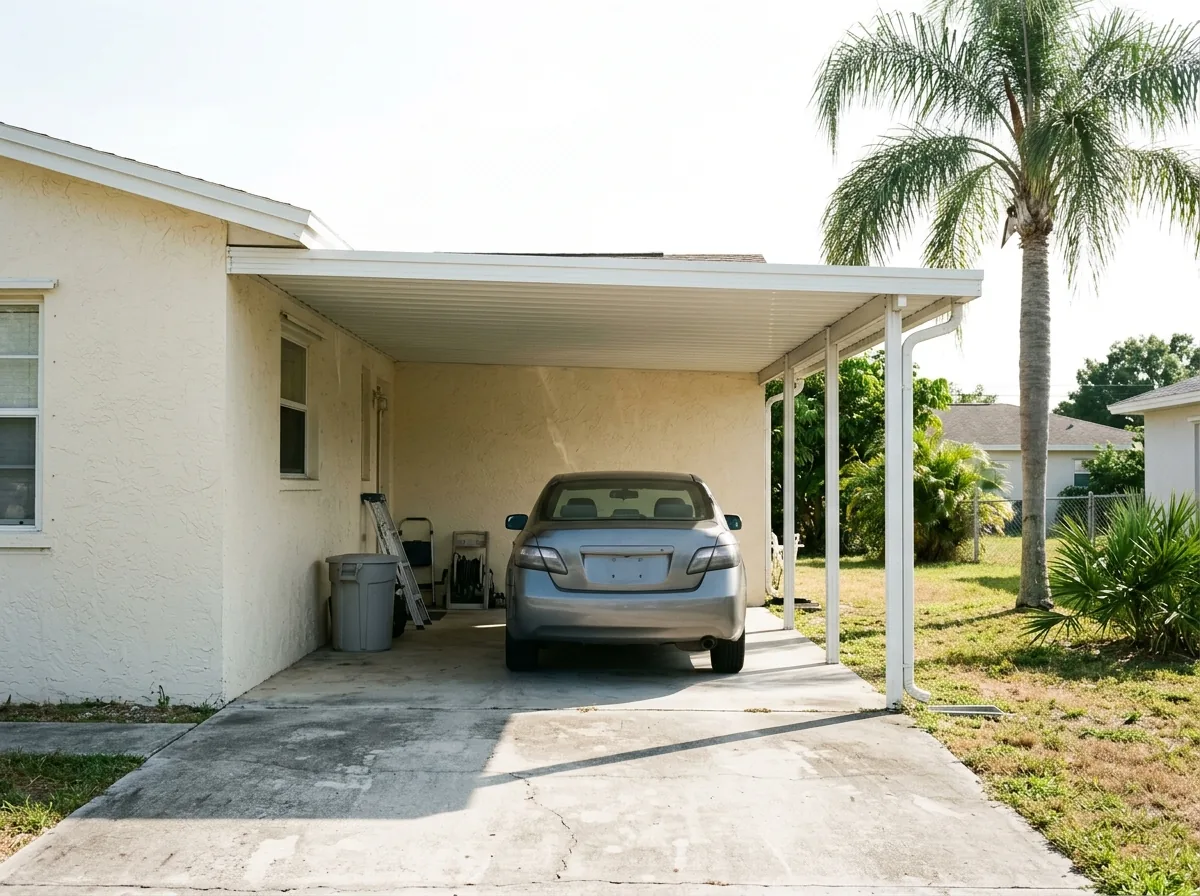 Attached aluminum carport with a flat ribbed metal roof beside a one-story stucco home and a car parked underneath
