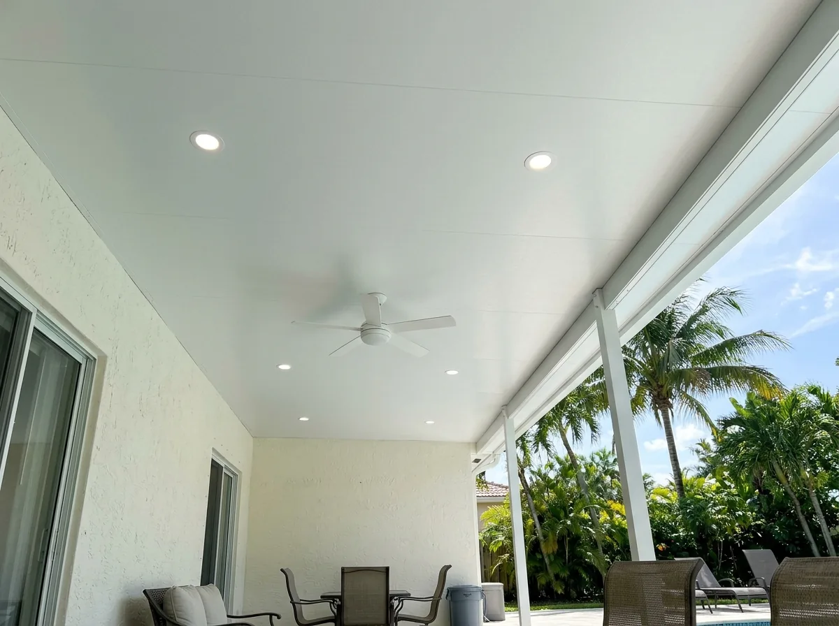 Insulated white aluminum roof panels over a back patio with recessed lights and a ceiling fan under them
