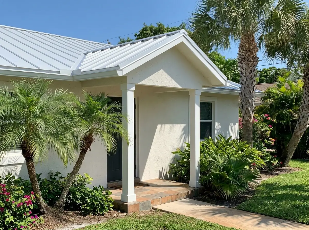 Metal porch roof with standing seam panels tied into the main roof of a one-story stucco home over a front entry