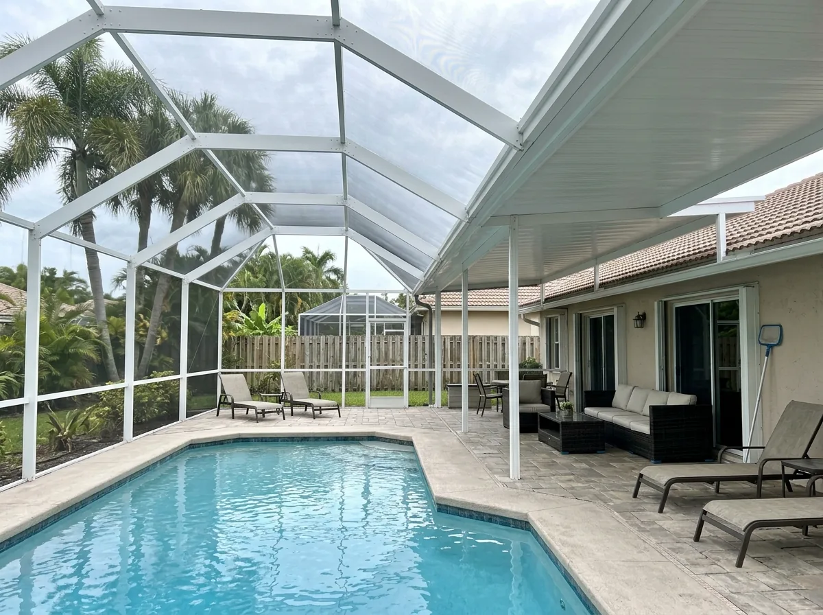 Screened pool enclosure with an aluminum frame and a solid insulated metal roof section over the lanai next to the house