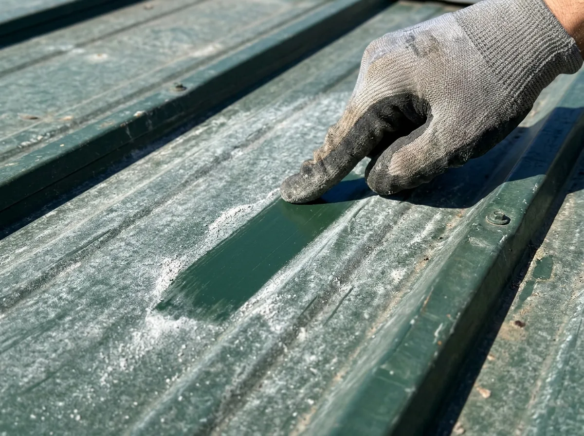 White chalky residue wiped from a faded metal roof panel showing the brighter color beneath