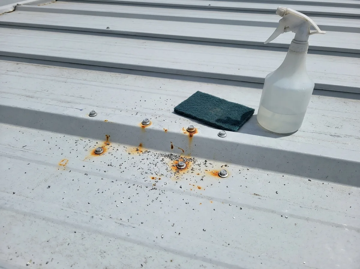 Orange rust stains around screw heads and drill shavings on a painted metal roof panel