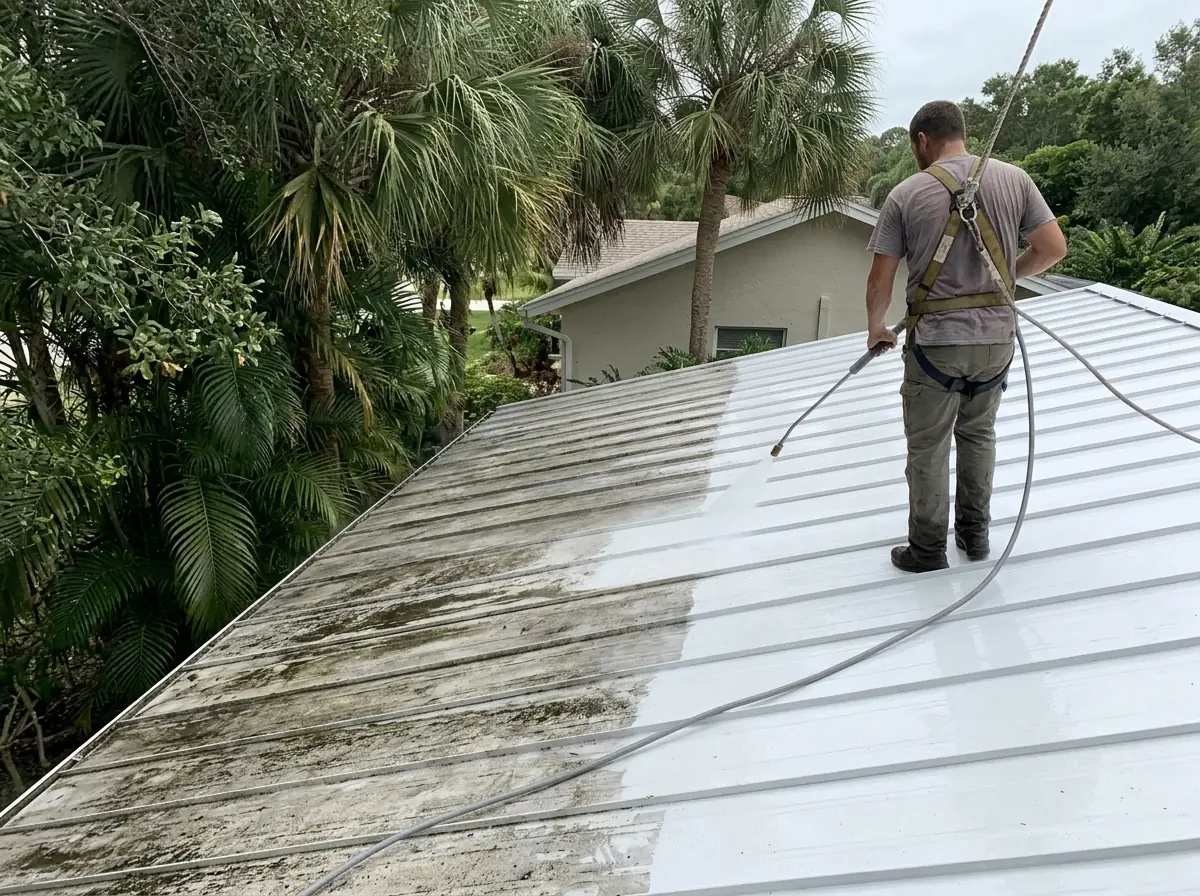 Low-pressure soft wash removing dark mildew streaks from a white metal roof