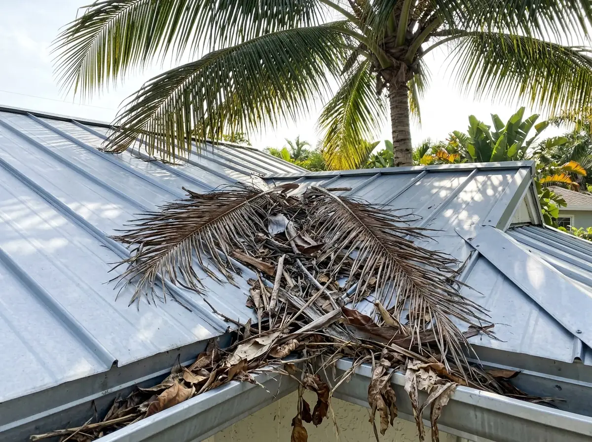 Leaves and palm debris collected in the valley of a metal roof and in the gutter below