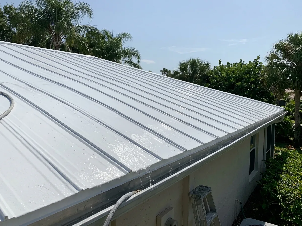 Bright white acrylic elastomeric coating on a sloped metal roof of a Florida home