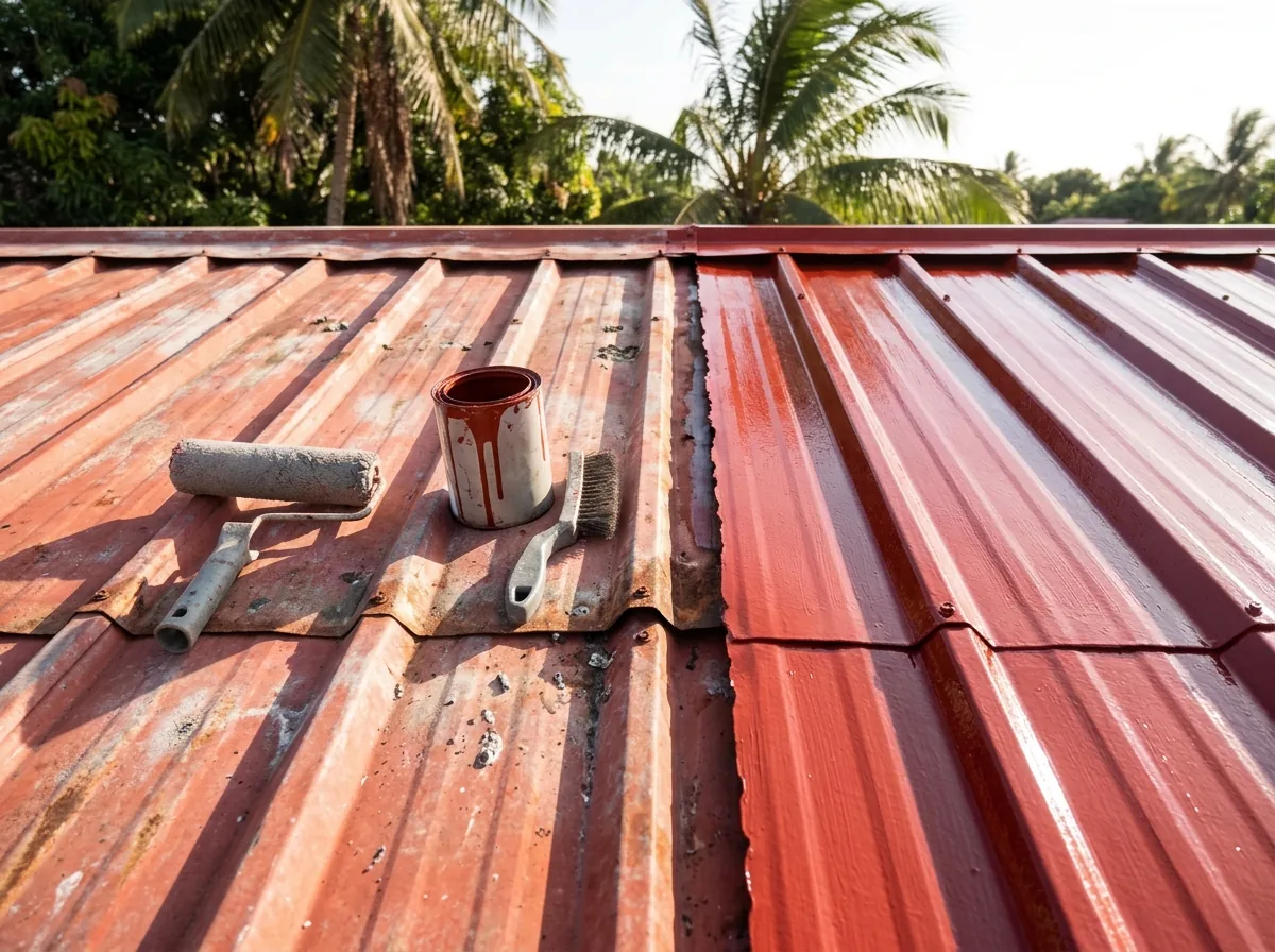 Faded, chalky red metal roof panels next to a freshly repainted section