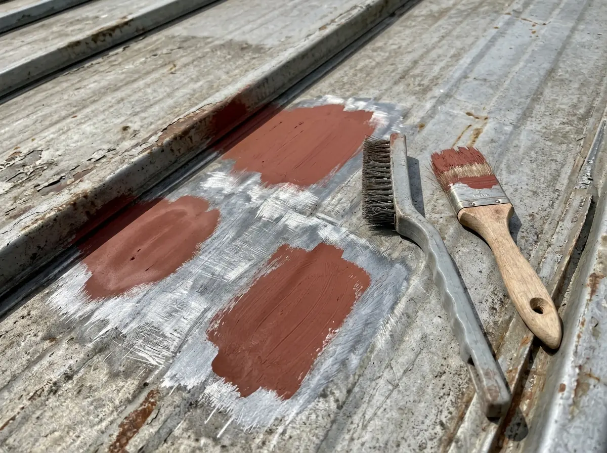 Rust spots on a metal roof wire-brushed and primed with rust-inhibitive primer before coating