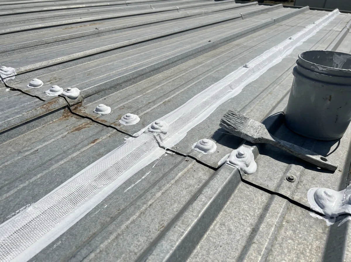 Fabric-reinforced mastic sealing the lapped seams and screw heads of an exposed-fastener metal roof