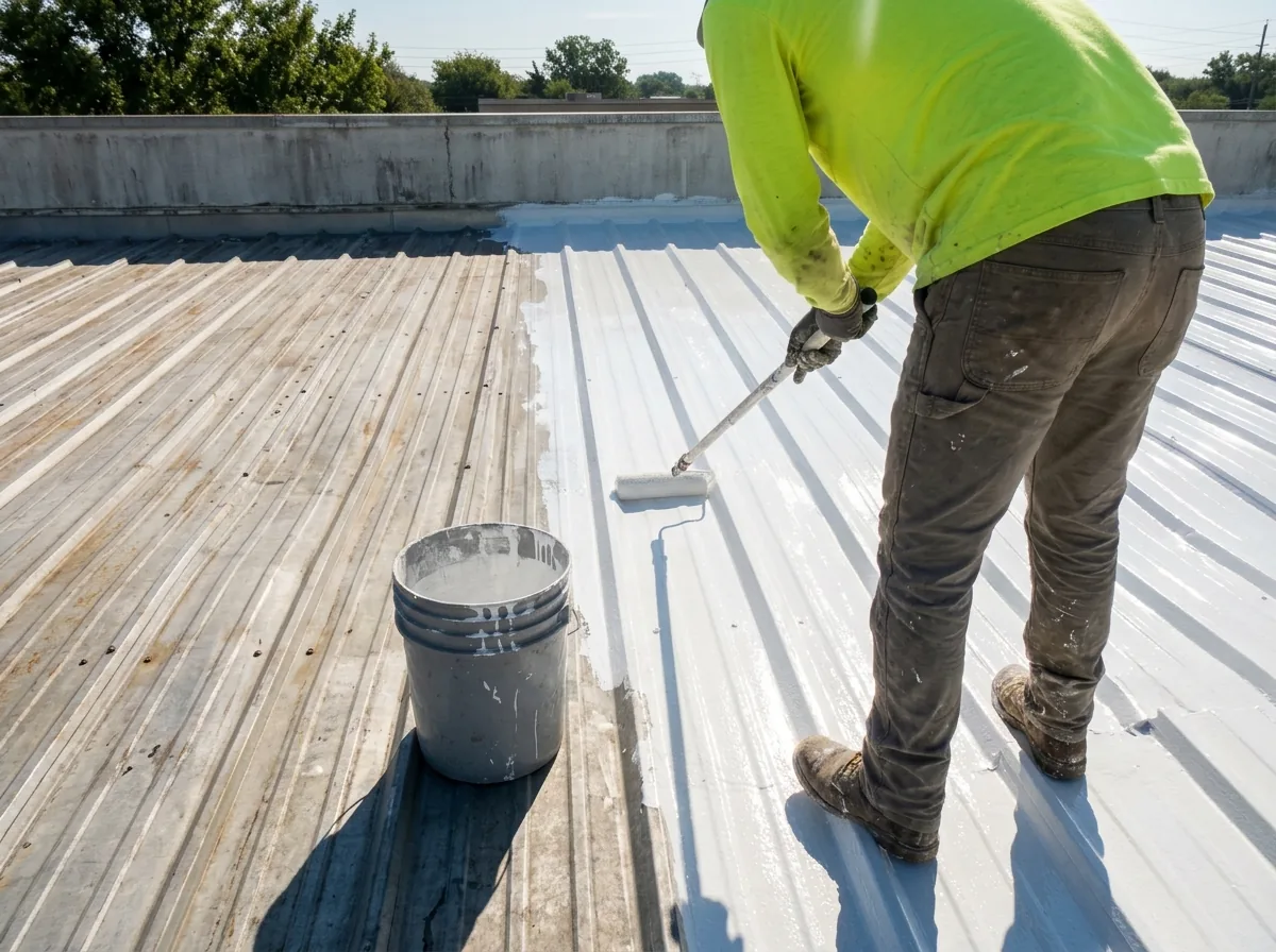 White silicone coating being rolled onto a metal roof panel