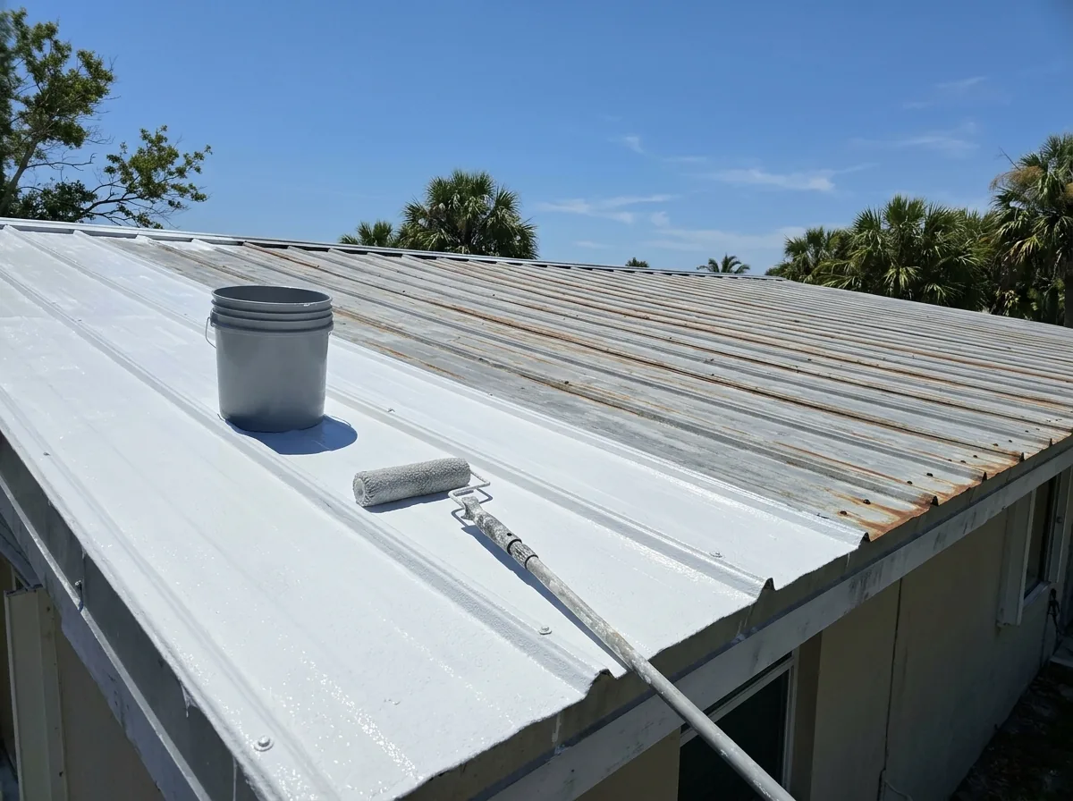Metal roof half covered in fresh white elastomeric coating, half still weathered
