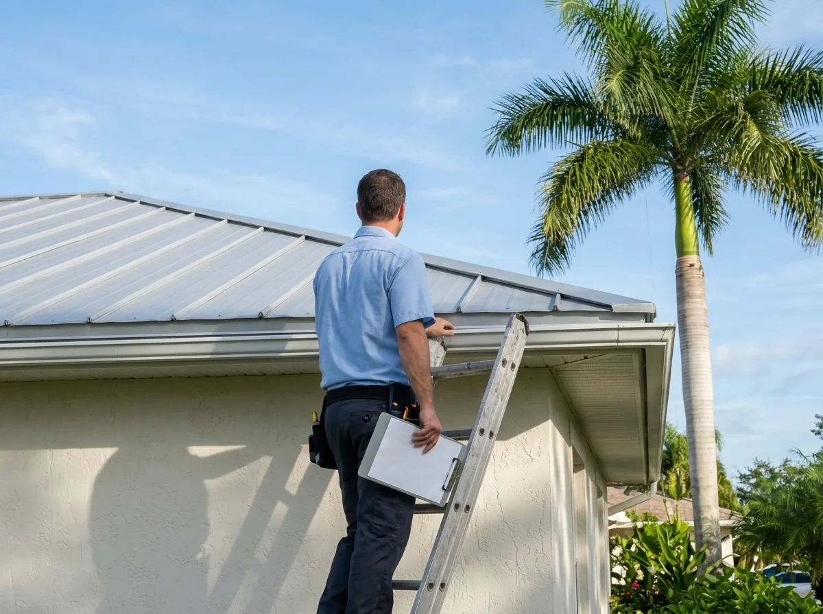 Inspector seen from behind on a ladder at the eave of a single-story home with a silver standing seam metal roof