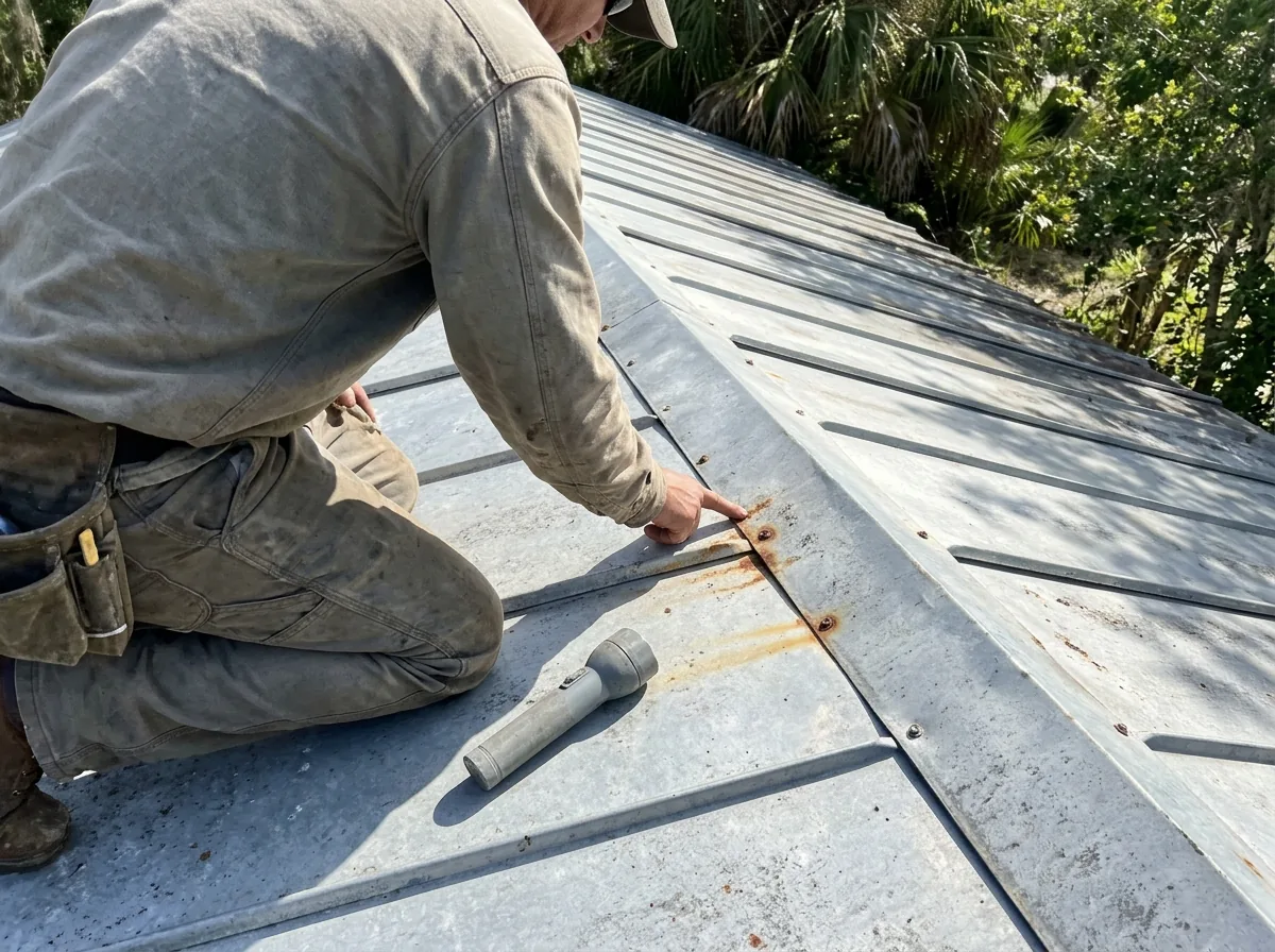 Roofer seen from behind kneeling on a weathered 5V crimp metal roof checking screw heads near a seam