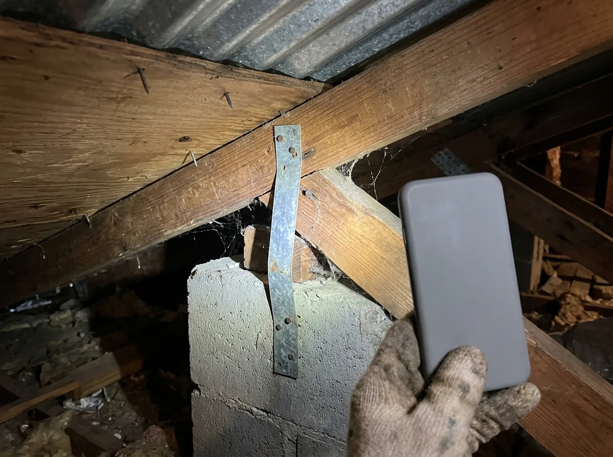 Inspector's gloved hand photographing hurricane straps on a roof truss in an attic under a metal roof
