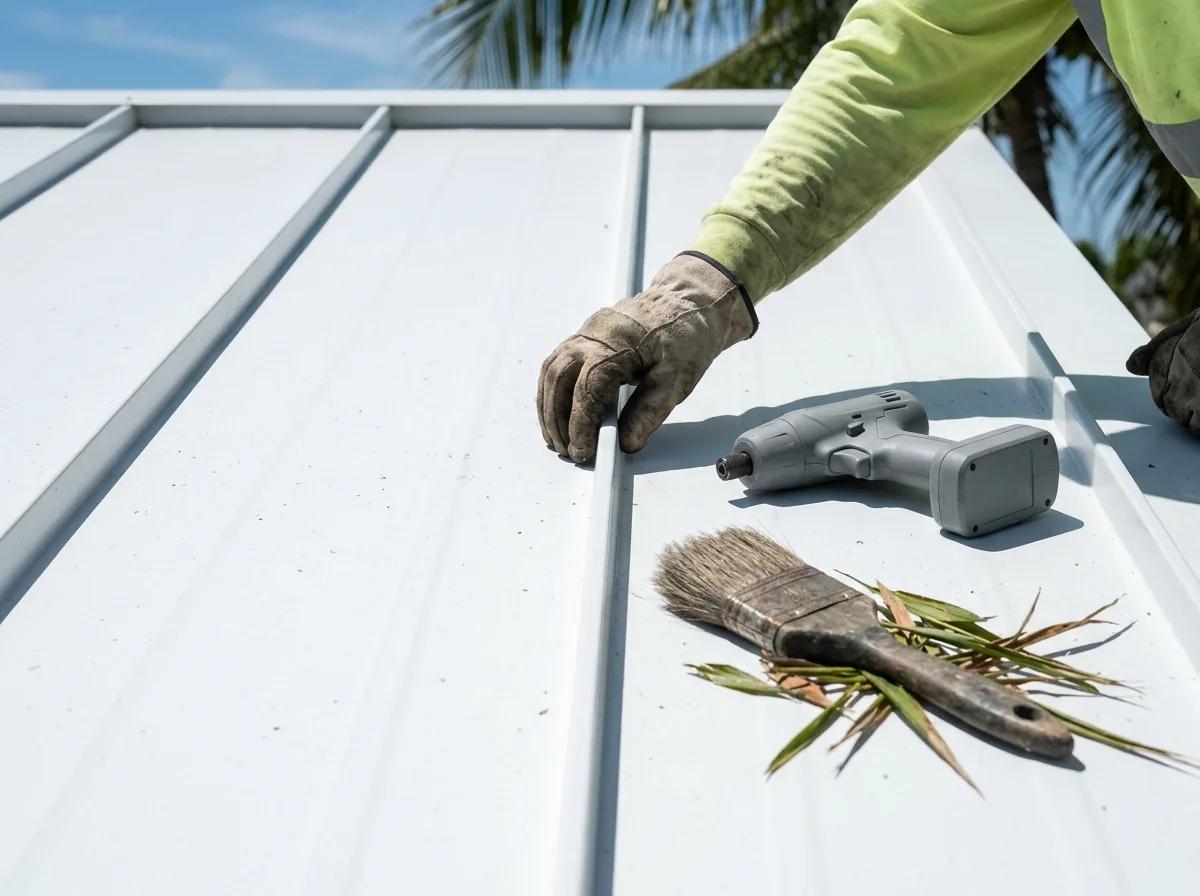 Clean white standing seam metal roof with a roofer's gloved hand checking a panel seam and a plain gray screw gun beside it