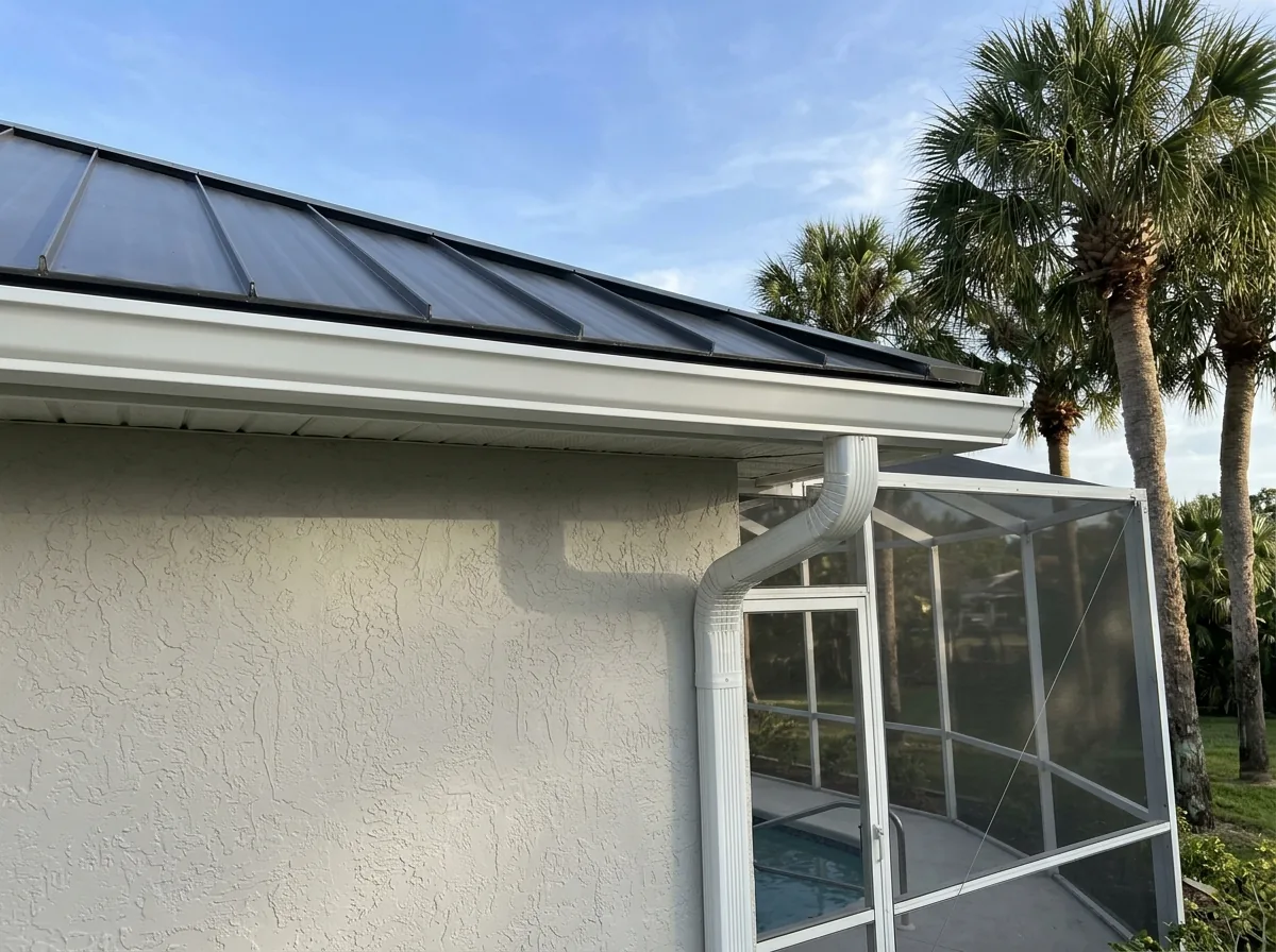 White aluminum gutter hung below the drip edge of a standing seam metal roof on a stucco home