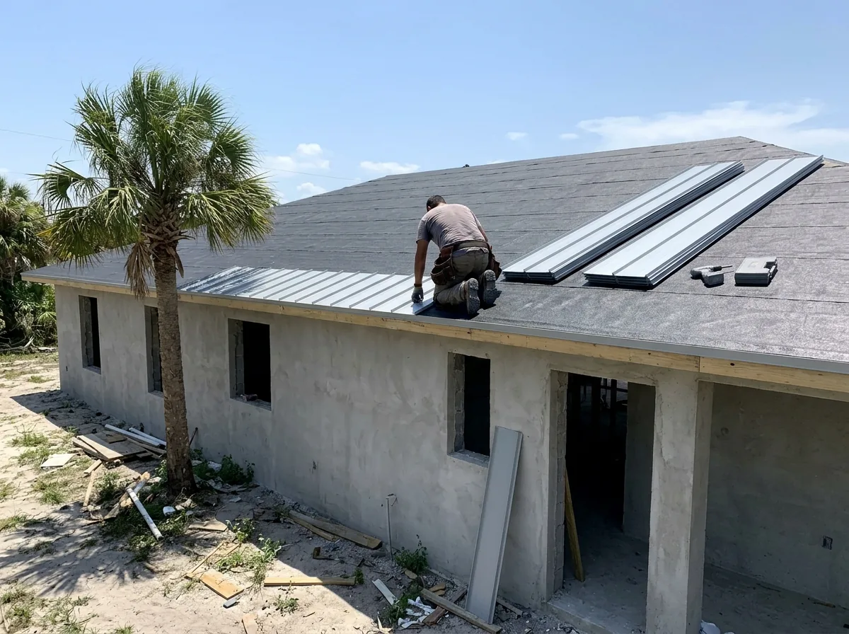Roofer seen from behind fastening standing seam metal panels over a fresh dried-in plywood deck on a new home