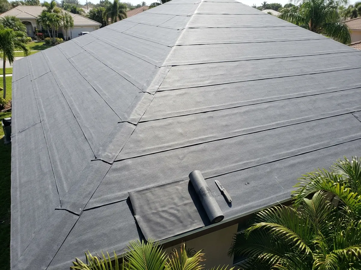 Self-adhered underlayment rolled across a roof deck with its seams lapped, before any metal panels are installed