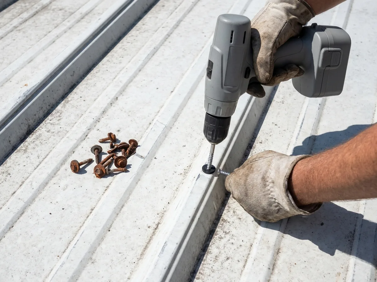 Gloved hands replacing rusted screws with new stainless fasteners on a metal roof panel