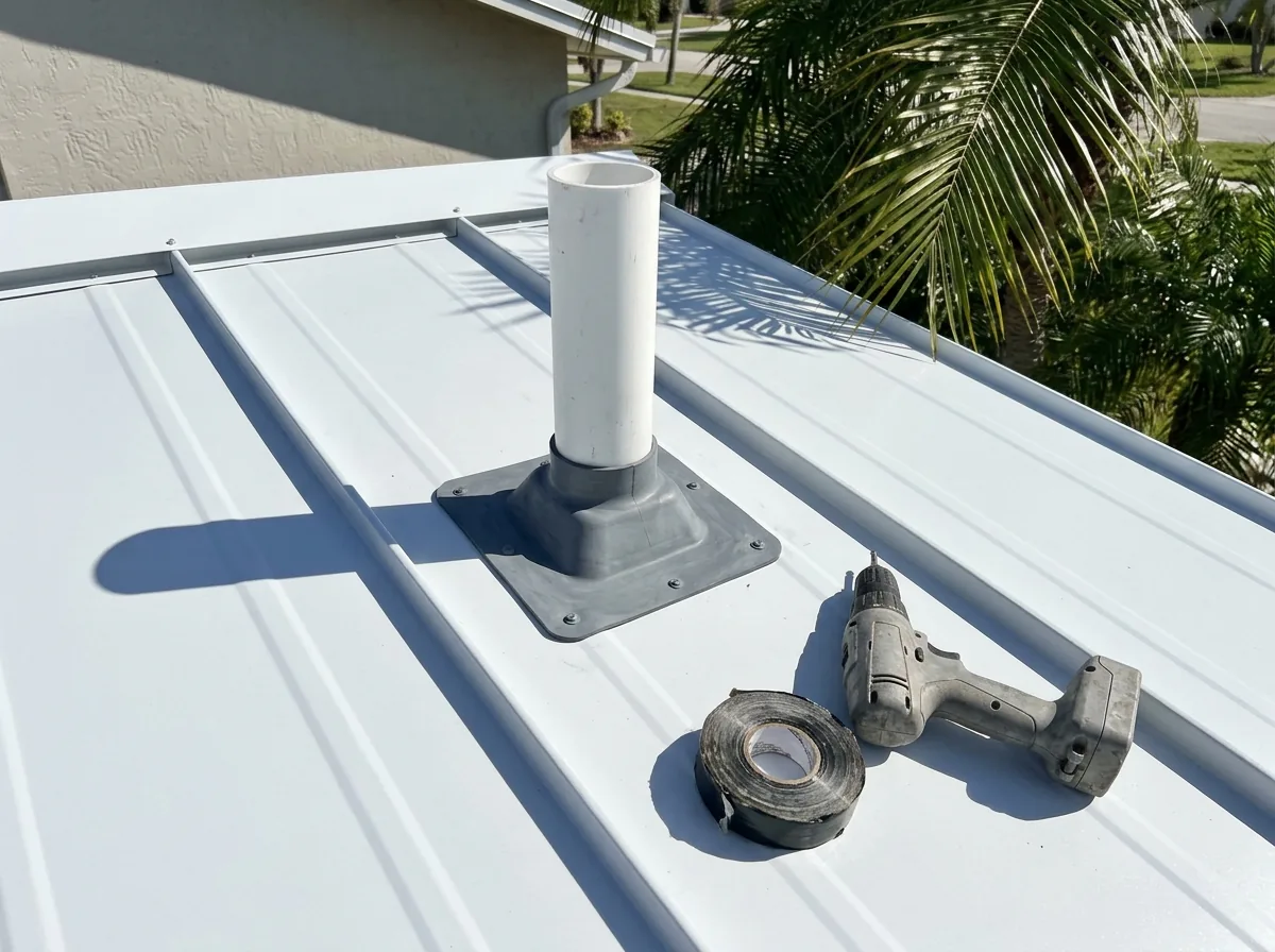 Gray rubber pipe boot sealed around a vent stack on a white standing seam metal roof