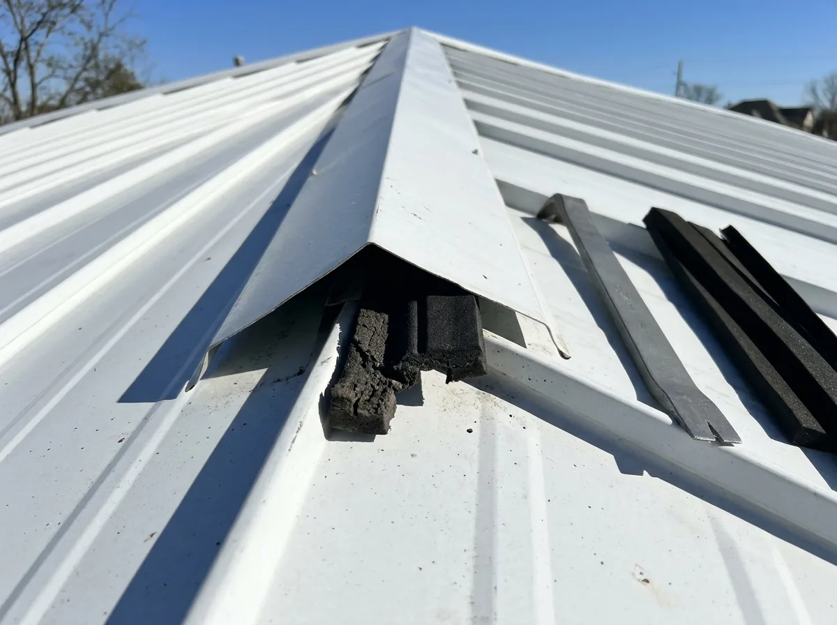 Close view of a ridge cap with foam closures along the peak of a standing seam metal roof