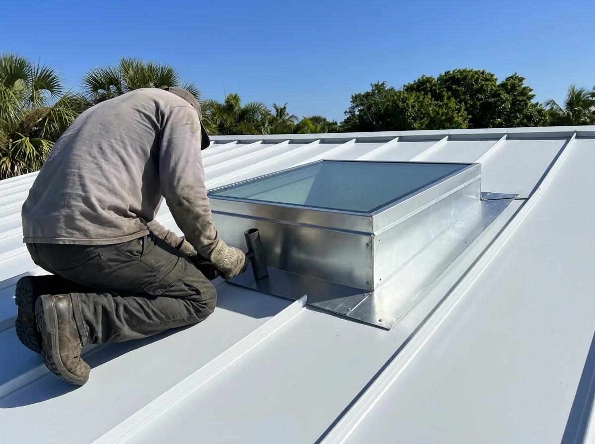 Skylight on a raised metal curb with new flashing on a white standing seam metal roof