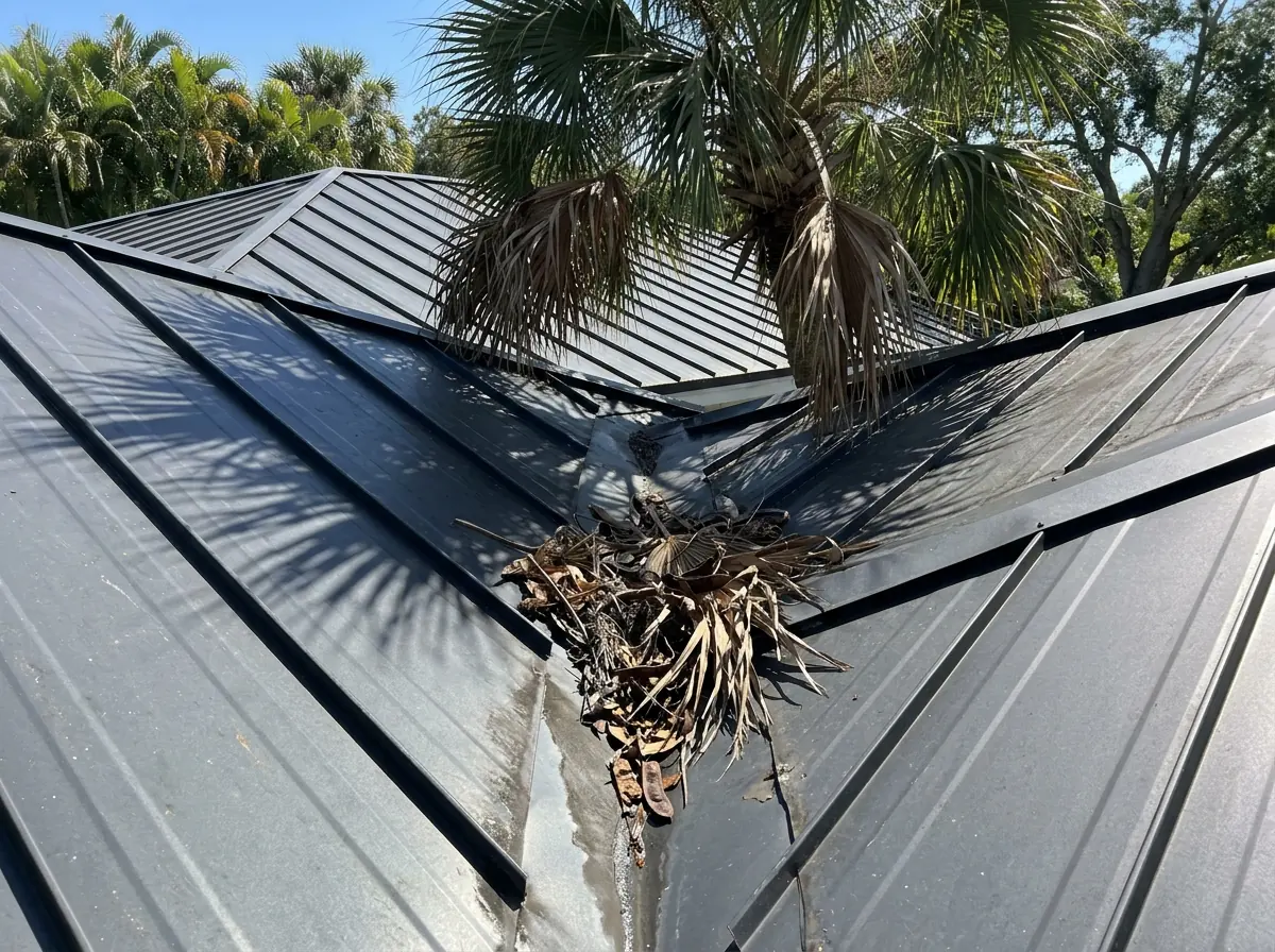 Leaves and palm debris collected in the valley of a charcoal standing seam metal roof