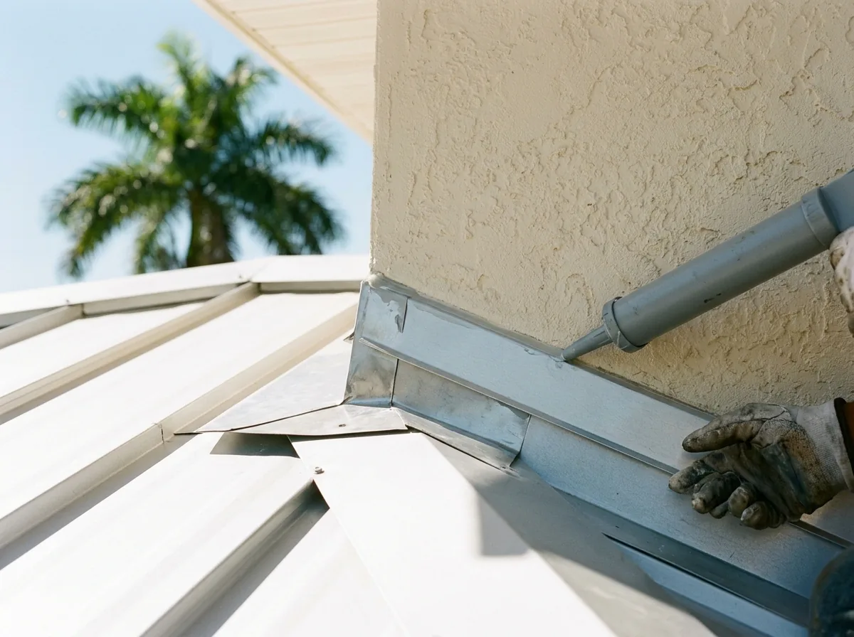 Metal counterflashing along a stucco wall where a standing seam metal roof meets a second-story wall